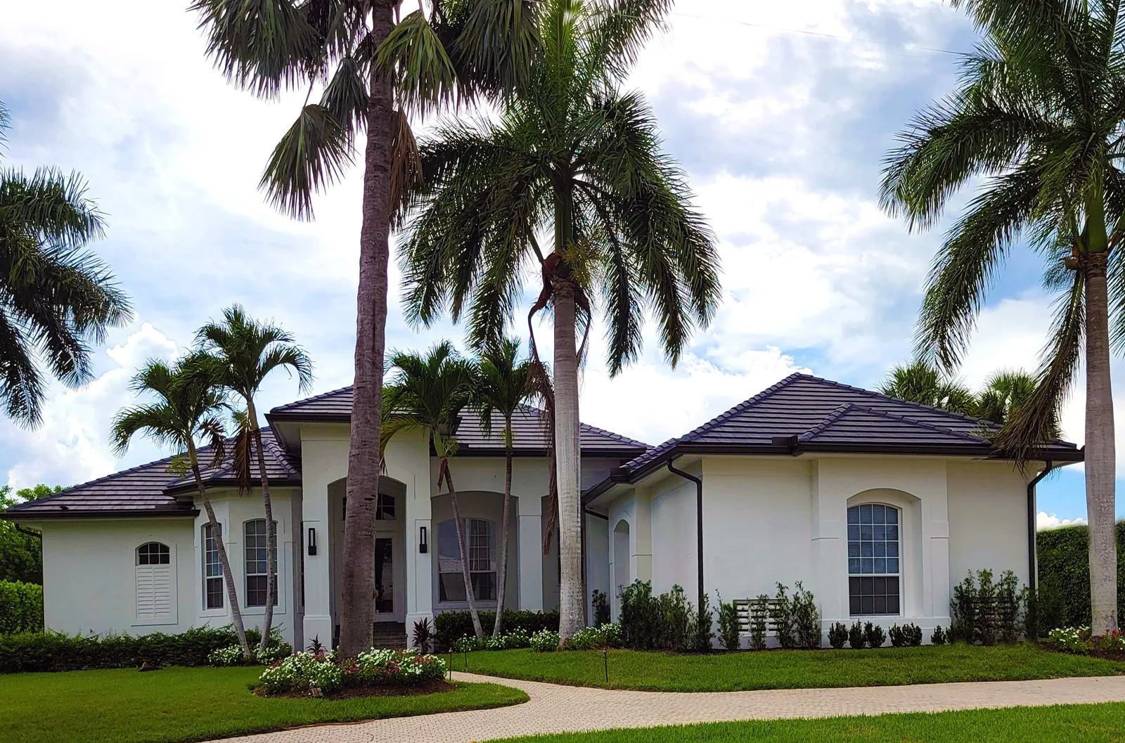 White residential house surrounded by lush palm trees in a tropical setting